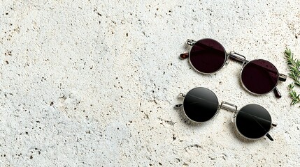 Round sunglasses on a light stone surface.