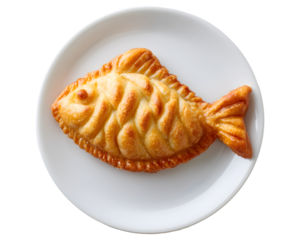 Fish shaped pastry dessert on white ceramic plate with golden brown crust isolated on transparent background