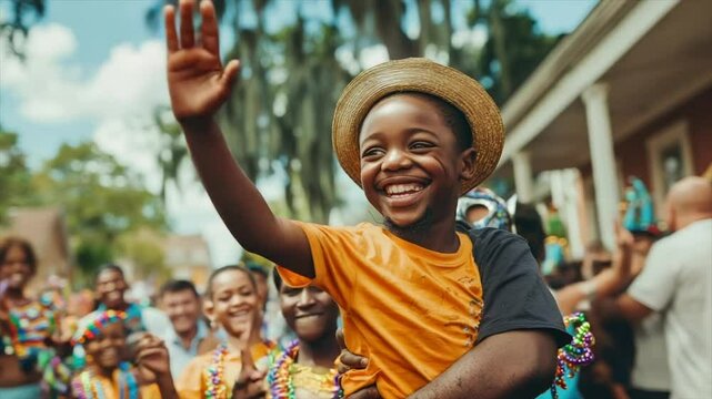 Joyful child waving at a festive gathering