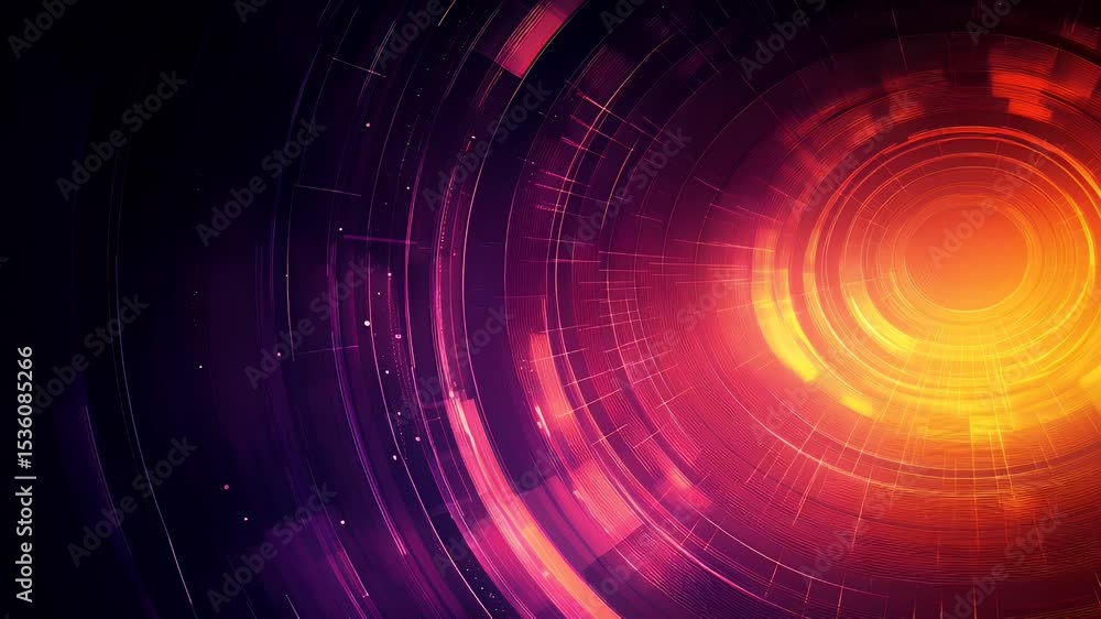 Poster circles of light blend into a dynamic abstract background, glowing with orange and violet hues