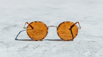 Round amber-tinted sunglasses rest on a light gray surface.