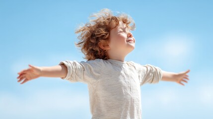 A joyful child with curly hair standing beneath a clear blue sky, arms wide open, embracing freedom and happiness.