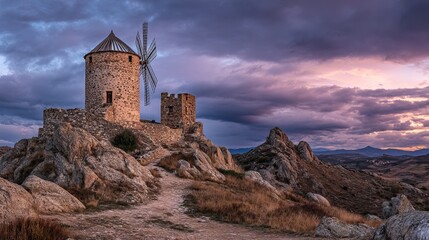 Obraz premium Ancient Stone Windmill Majestic Hilltop Sunset Dramatic Sky Rural Landscape Picturesque View Serene Atmosphere Tranquil Scenery Breathtaking Vista Scenic Beauty Idyllic Setting 