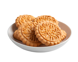 Fototapeta premium Traditional Chinese mooncakes with floral pattern served on white plate isolated on transparent background