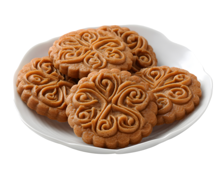 Traditional Chinese mooncakes with floral pattern served on white plate isolated on transparent background