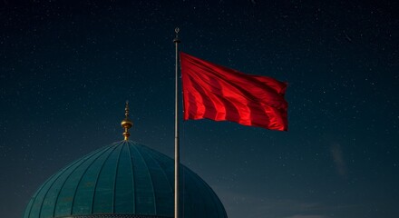 Red Flag Waving Against Starry Night Sky with Mosqu Dome