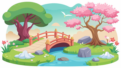 Peaceful Garden Vector with Koi Pond Stone Bridge & Cherry Blossoms