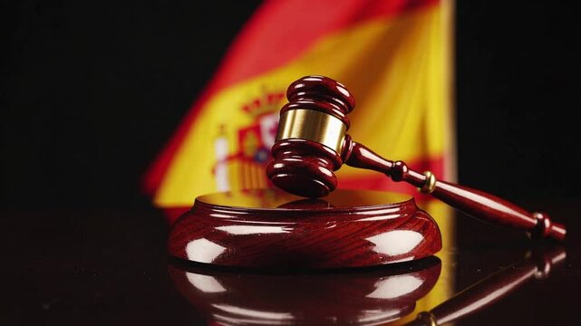 A golden Jatob&aacute; gavel rests firmly on a sound block as Spain&rsquo;s flag flows behind, glowing in tropical light symbolizing justice and national heritage