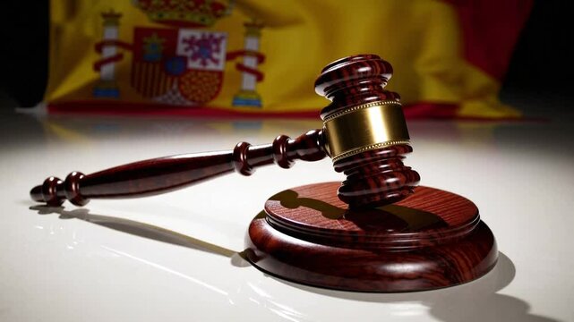 A golden Jatob&aacute; gavel rests firmly on a sound block as Spain&rsquo;s flag flows behind, glowing in tropical light symbolizing justice and national heritage