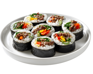 Korean gimbap rolls with rice beef and vegetables wrapped in seaweed on white plate isolated on transparent background