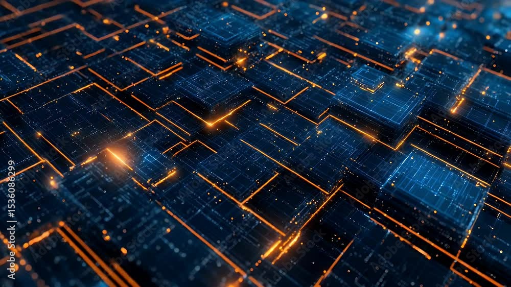 Aufkleber circuit board close-up, blue blocks and glowing orange lines create abstract modern patterns