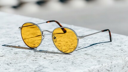 Round sunglasses with amber lenses resting on a light-gray surface.
