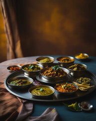 Fototapeta premium Authentic indian thali platter with various curries