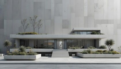 Minimalist concrete building facade with geometric planters and sparse vegetation