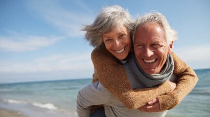 Happy Senior Couple Embracing at the Beach Sunny Day Elderly Retirement Joyful Affectionate Love Romantic Oceanside Vacation Elderly Man Woman Piggyback Ride Smiling Happiness