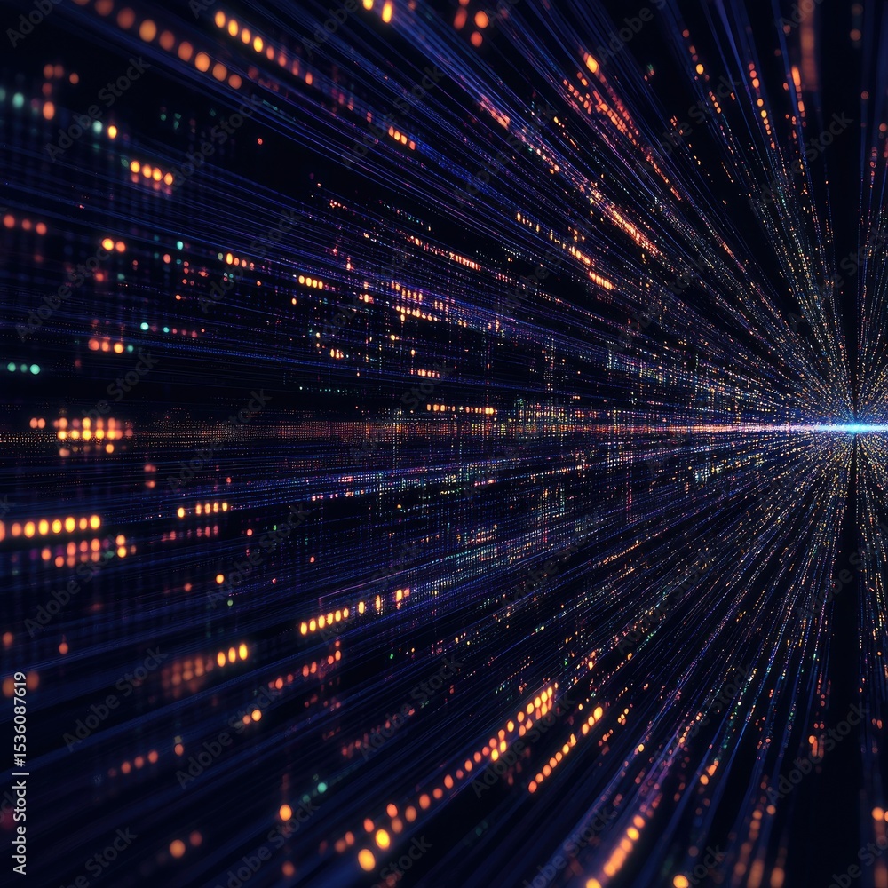 Poster abstract digital lines with bright points in motion light trail