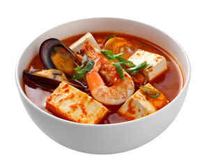 Fototapeta premium Spicy Korean seafood tofu soup with shrimp mussels and vegetables in white bowl isolated on transparent background
