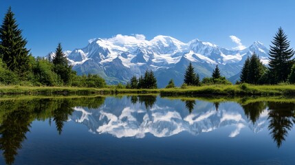 Mont Blanc reflected in a serene alpine lake on a clear summer day