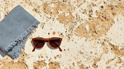 Light gray fabric scarf and sunglasses on a textured stone surface.