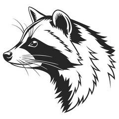 Detailed raccoon head art showcases striking black and white contrast of its profile
