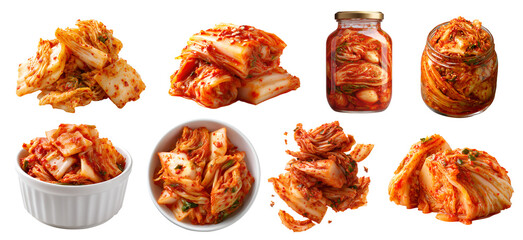 Set of Kimchi traditional Banchan korean side dish fermented vegetable, napa cabbage radish, bottle bowl chop cut pile isolated on transparent cutout PNG. Many different Mockup template for design