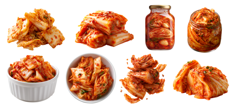 Set of Kimchi traditional Banchan korean side dish fermented vegetable, napa cabbage radish, bottle bowl chop cut pile isolated on transparent cutout PNG. Many different Mockup template for design