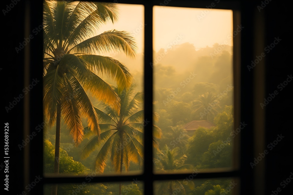 Poster tropical window view with palm trees and distant building in soft morning light