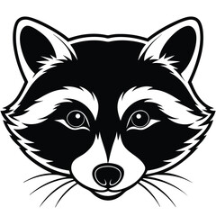 Black and white illustration shows a raccoon's face with a cute smiling expression