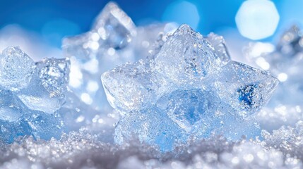 Close-up of ice crystals on snow, vibrant blue bokeh