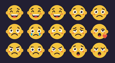 Naklejka premium Various expressive emoji faces, yellow cartoon emotions