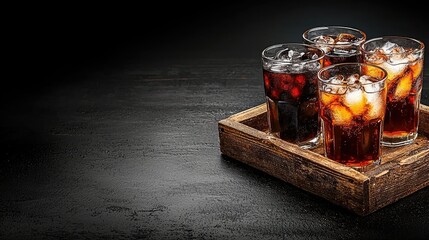Fototapeta premium Four Glasses of Refreshing Cola with Ice Cubes on Rustic Wooden Tray