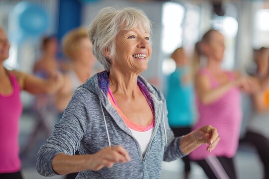 Active Senior Woman Fitness Class Energetic Exercise Healthy Lifestyle Mature Adult Grey Hair Aerobics Workout Group Training Happy Smiling Positive Energy Wellbeing gym joy fun   
