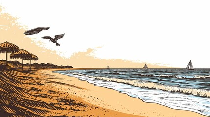 Beach scene with seagulls and sailboats at sunset.