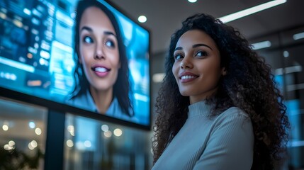 Fototapeta premium Woman looking upward at a monitor displaying another person.