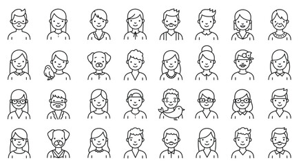 People and pets avatar line icons set. Vector illustration, editable stroke 
