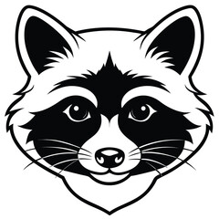 Stylized raccoon face features a monochrome palette, expressive eyes, and defined whiskers