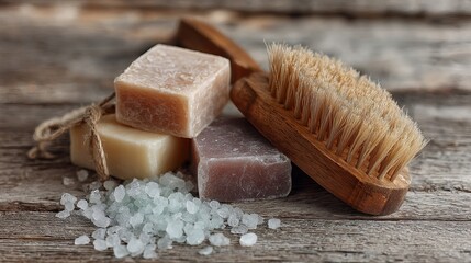 Natural Spa Products Handmade Soap Set Wooden Brush Aromatic Bath Relaxation Wellbeing Treatment Organic Beauty Products Rustic Wooden Background Spa Day Essentials body care salt 