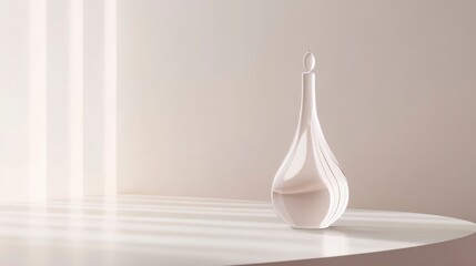 Elegant, pearlescent glass bottle on a minimalist white table, illuminated by soft sunlight.