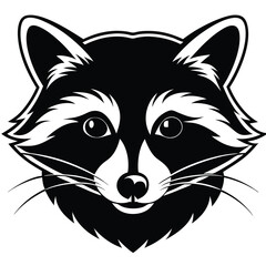 A monochromatic raccoon head exhibits distinct facial features and detailed fur markings in black and white