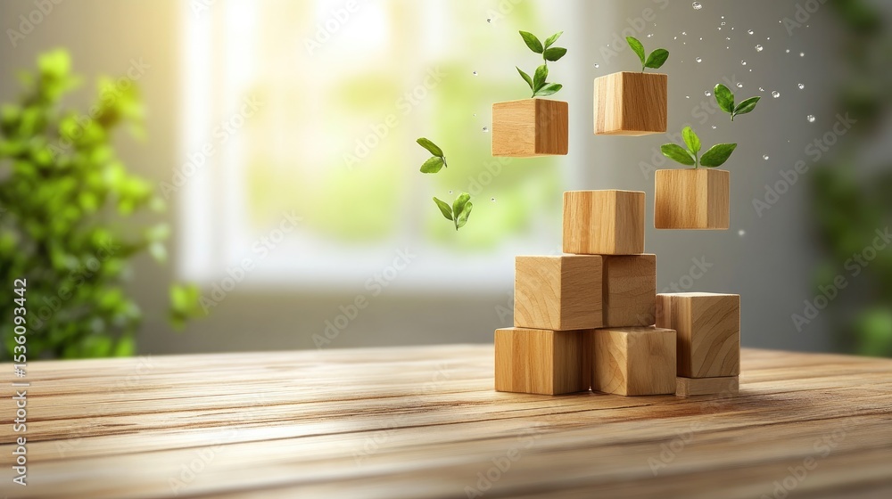 Aufkleber wooden tabletop with isometric stacked blocks forming upward graph, playful 3d growth display