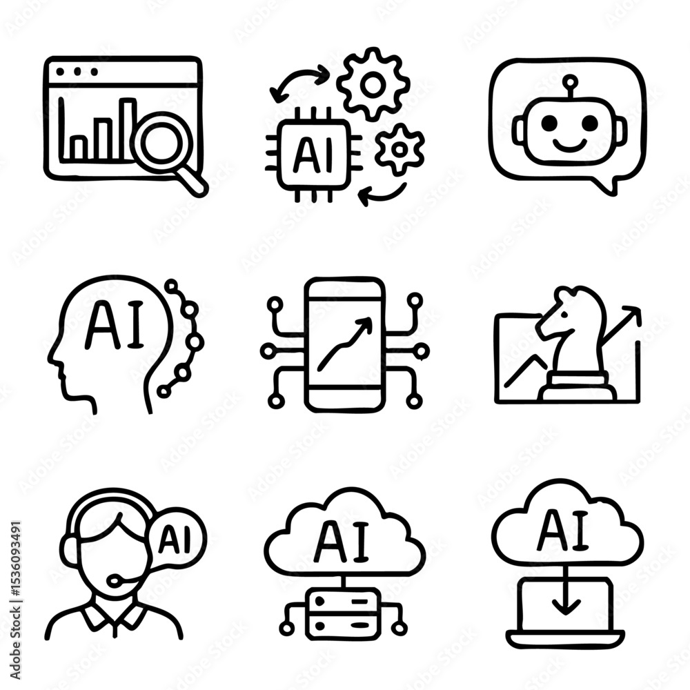 Poster a set of doodle line icons related to artificial intelligence, machine learning, data analysis, clou