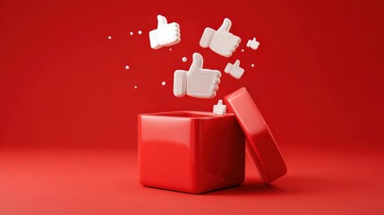 3D red gift box exploding with large thumbs up icons flying out on a vibrant red background.