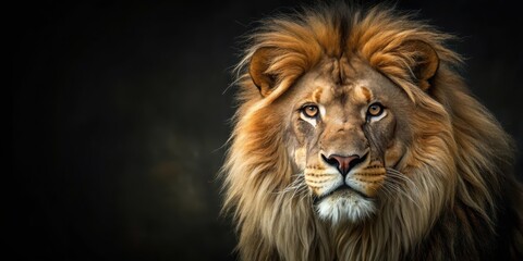 Fototapeta premium Majestic Lion Portrait A Close-Up Study of a Male Lion's Powerful Gaze and Luxurious Mane Against a Dark Background