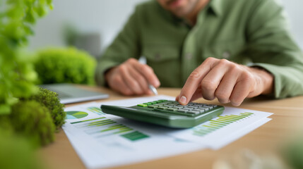Green business professional calculating sustainable finance reports