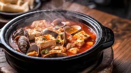 Steaming Korean Spicy Seafood Tofu Soup with Fresh Clams in Black Pot on Wooden Table