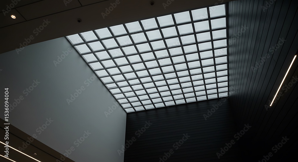 Poster the ceiling of an architectural building and a square lattice design skylight.
