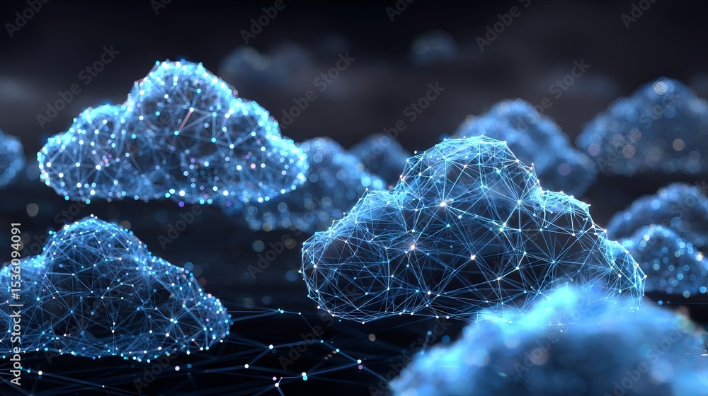 Poster abstract blue cloud network digital art futuristic technology background shiny glowing polygonal lin