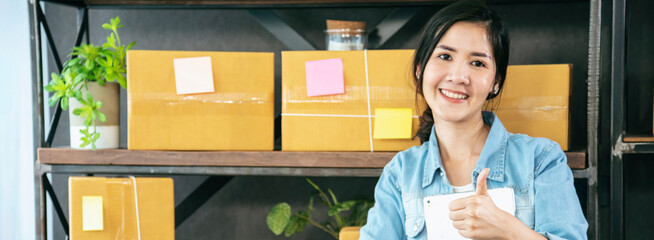 Banner Portrait Women smiling look at camera confident owner small business arm cross at home...