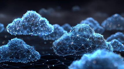 Abstract Blue Cloud Network Digital Art Futuristic Technology Background Shiny Glowing Polygonal Lines Nodes Connection Modern Design Elegant Innovative Creative Science Data      