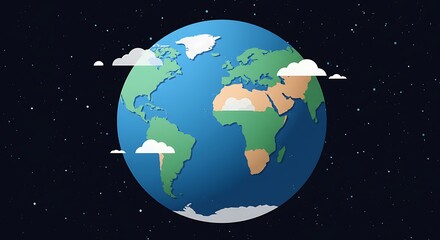 A vibrant illustration of the Earth globe, detailed with continents and clouds, floating in a dark, star-filled outer space, representing global connection or environmental themes.